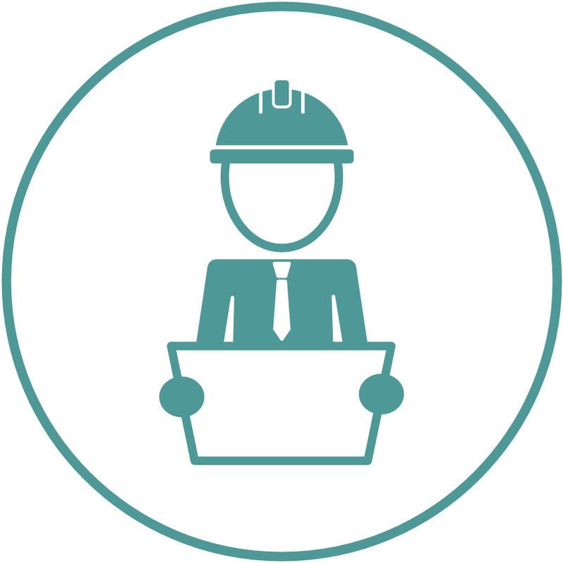 Symbol: Ingenieur mit Schutzhelm und Bauplan