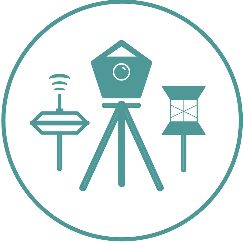 Symbol: Tachymeter auf Stativ mit Nivellierlatte und Zielzeichen